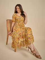 Women Mustard Yellow Floral Printed Smocked Midi Dress