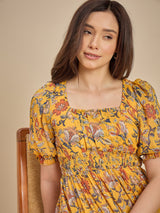 Women Mustard Yellow Floral Printed Smocked Midi Dress