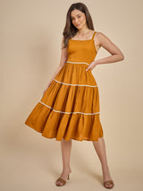Mustard Yellow Tiered Midi Dress with Shoulder Straps