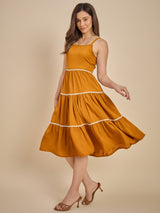 Mustard Yellow Tiered Midi Dress with Shoulder Straps