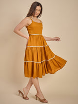Mustard Yellow Tiered Midi Dress with Shoulder Straps