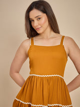 Mustard Yellow Tiered Midi Dress with Shoulder Straps