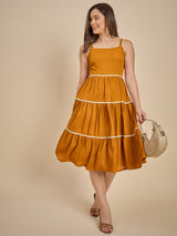 Mustard Yellow Tiered Midi Dress with Shoulder Straps
