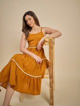 Mustard Yellow Tiered Midi Dress with Shoulder Straps