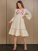 Women Off-White Embroidered Tiered Fit & Flare Dress