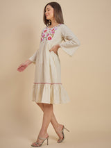 Women Off-White Embroidered Tiered Fit & Flare Dress