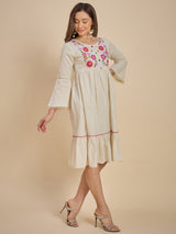 Women Off-White Embroidered Tiered Fit & Flare Dress