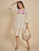 Women Off-White Embroidered Tiered Fit & Flare Dress
