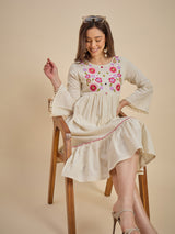 Women Off-White Embroidered Tiered Fit & Flare Dress