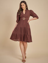 Brown Tiered Fit & Flare Midi Dress with Buckle Detail