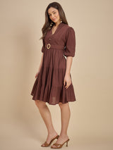 Brown Tiered Fit & Flare Midi Dress with Buckle Detail