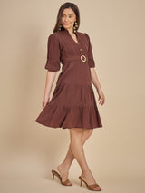 Brown Tiered Fit & Flare Midi Dress with Buckle Detail