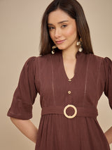 Brown Tiered Fit & Flare Midi Dress with Buckle Detail