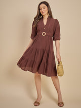 Brown Tiered Fit & Flare Midi Dress with Buckle Detail