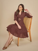 Brown Tiered Fit & Flare Midi Dress with Buckle Detail
