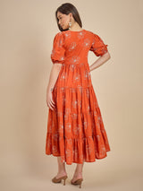 Orange Floral Printed Tiered Maxi Dress