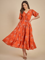 Orange Floral Printed Tiered Maxi Dress