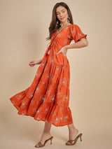 Orange Floral Printed Tiered Maxi Dress