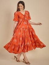 Orange Floral Printed Tiered Maxi Dress