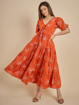 Orange Floral Printed Tiered Maxi Dress