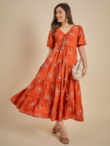 Orange Floral Printed Tiered Maxi Dress