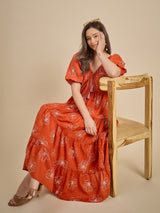 Orange Floral Printed Tiered Maxi Dress