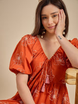 Orange Floral Printed Tiered Maxi Dress