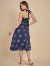 Navy Blue Floral Printed Halter Neck Midi Dress