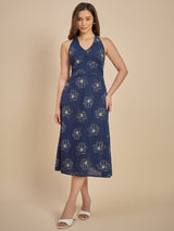 Navy Blue Floral Printed Halter Neck Midi Dress