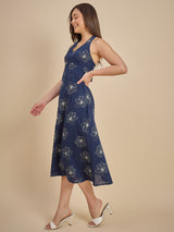 Navy Blue Floral Printed Halter Neck Midi Dress