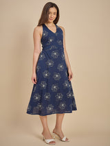 Navy Blue Floral Printed Halter Neck Midi Dress
