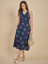 Navy Blue Floral Printed Halter Neck Midi Dress