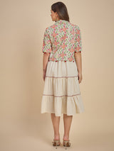 Women Off-White Tiered Dress with Floral Printed Crop Jacket