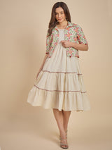 Women Off-White Tiered Dress with Floral Printed Crop Jacket
