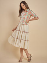 Women Off-White Tiered Dress with Floral Printed Crop Jacket