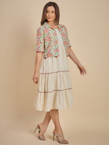 Women Off-White Tiered Dress with Floral Printed Crop Jacket