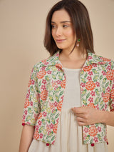 Women Off-White Tiered Dress with Floral Printed Crop Jacket