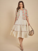 Women Off-White Tiered Dress with Floral Printed Crop Jacket