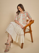 Women Off-White Tiered Dress with Floral Printed Crop Jacket