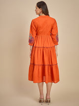Women Orange Solid Tiered Dress with Tassel Detail