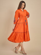 Women Orange Solid Tiered Dress with Tassel Detail