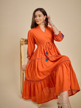 Women Orange Solid Tiered Dress with Tassel Detail