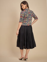 Black Tiered Midi Dress with Printed Crop Jacket
