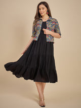Black Tiered Midi Dress with Printed Crop Jacket