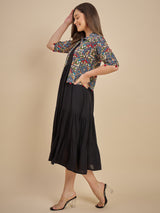 Black Tiered Midi Dress with Printed Crop Jacket