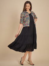 Black Tiered Midi Dress with Printed Crop Jacket