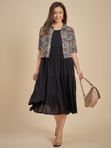 Black Tiered Midi Dress with Printed Crop Jacket