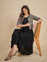 Black Tiered Midi Dress with Printed Crop Jacket