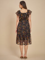 Black Floral Printed Fit & Flare Midi Dress