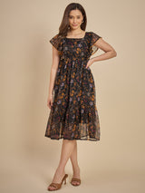 Black Floral Printed Fit & Flare Midi Dress